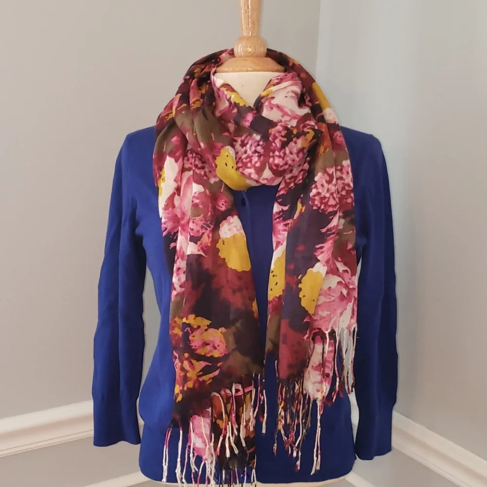 BURGUNDY Pink Floral Boho Preppy Abstract Print Fringe Lightweight Fashion Scarf